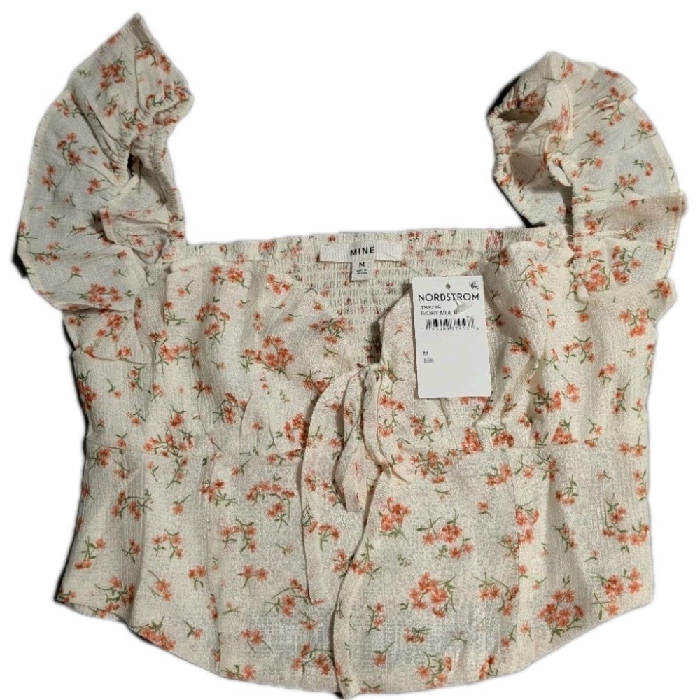 Mine Nordstrom Floral Smocked Crop‎ Top Womens M Ivory Coral Puff Sleeve NWT